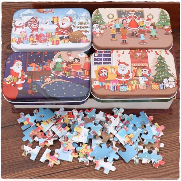 Komplet 4 x Drvene Puzzle Christmas u metalnoj kutiji
