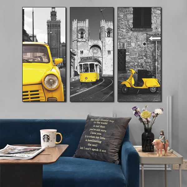 Tridelna stenska nalepka "Vintage Yellow Vehicles"