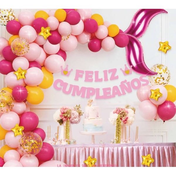 Luk od balona - Mermaid Pink - Gold (74 balona u setu i happy birthday natpis)