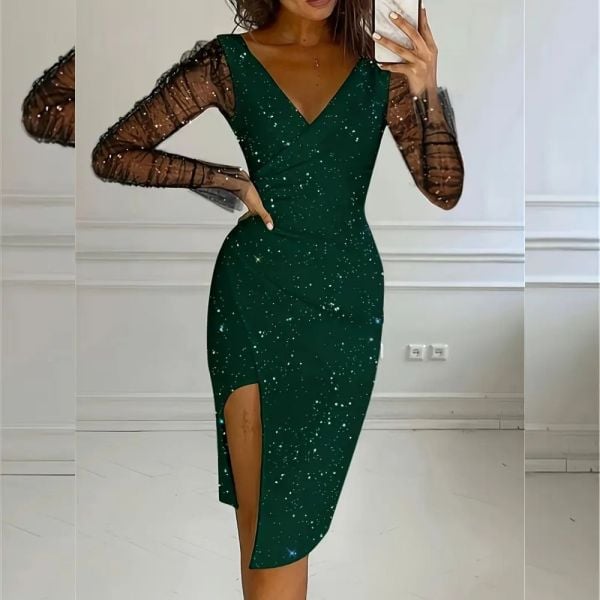 Elegantna mrežasta obleka z V izrezom in robom