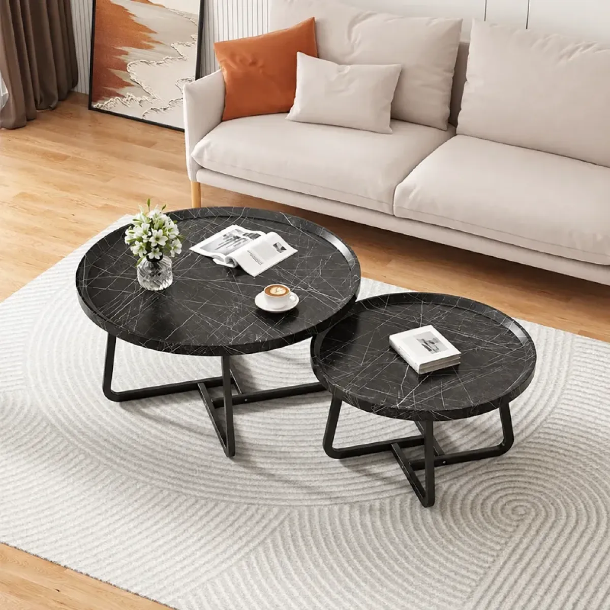 Rondo Duo – set od dva okrugla stolića za kavu s crnim mramornim uzorkom