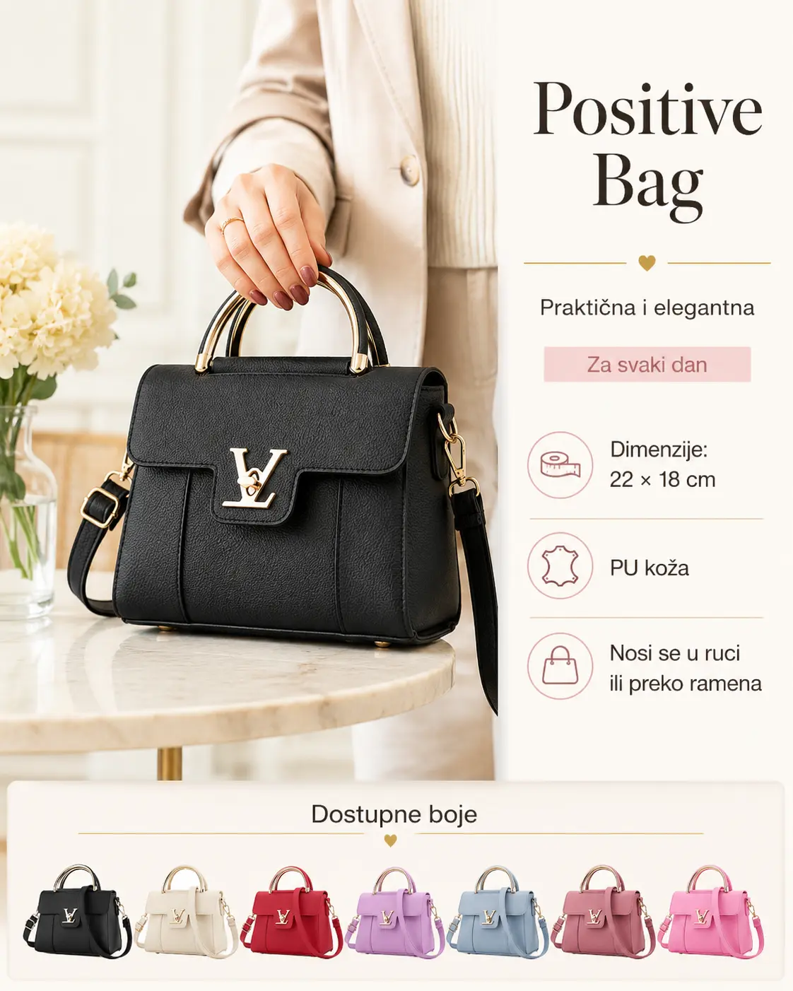 Positive Bag ženska torbica u više boja, dimenzije 22 × 18 cm, s podesivim remenom