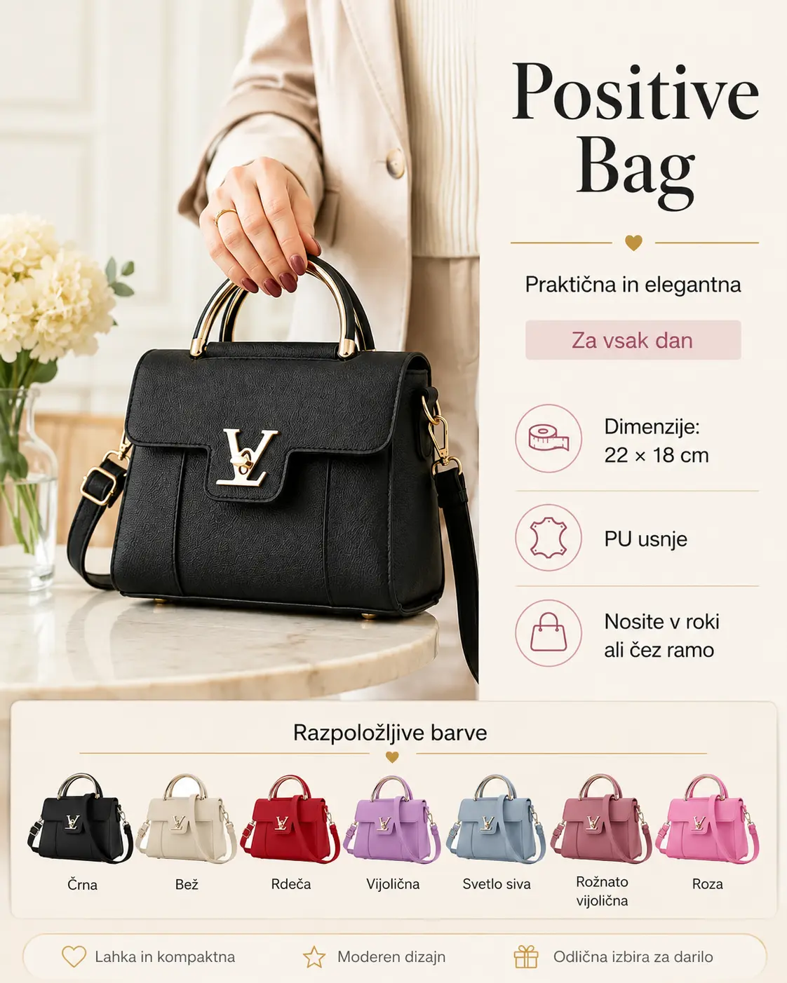 Positive Bag ženska torbica v več barvah, dimenzije 22 × 18 cm, z nastavljivim naramnim trakom