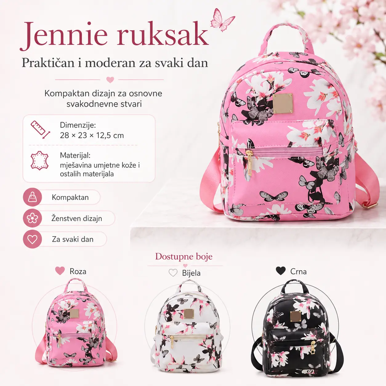 Jennie ženski ruksak u rozoj, bijeloj i crnoj boji, dimenzije 28 × 23 × 12,5 cm