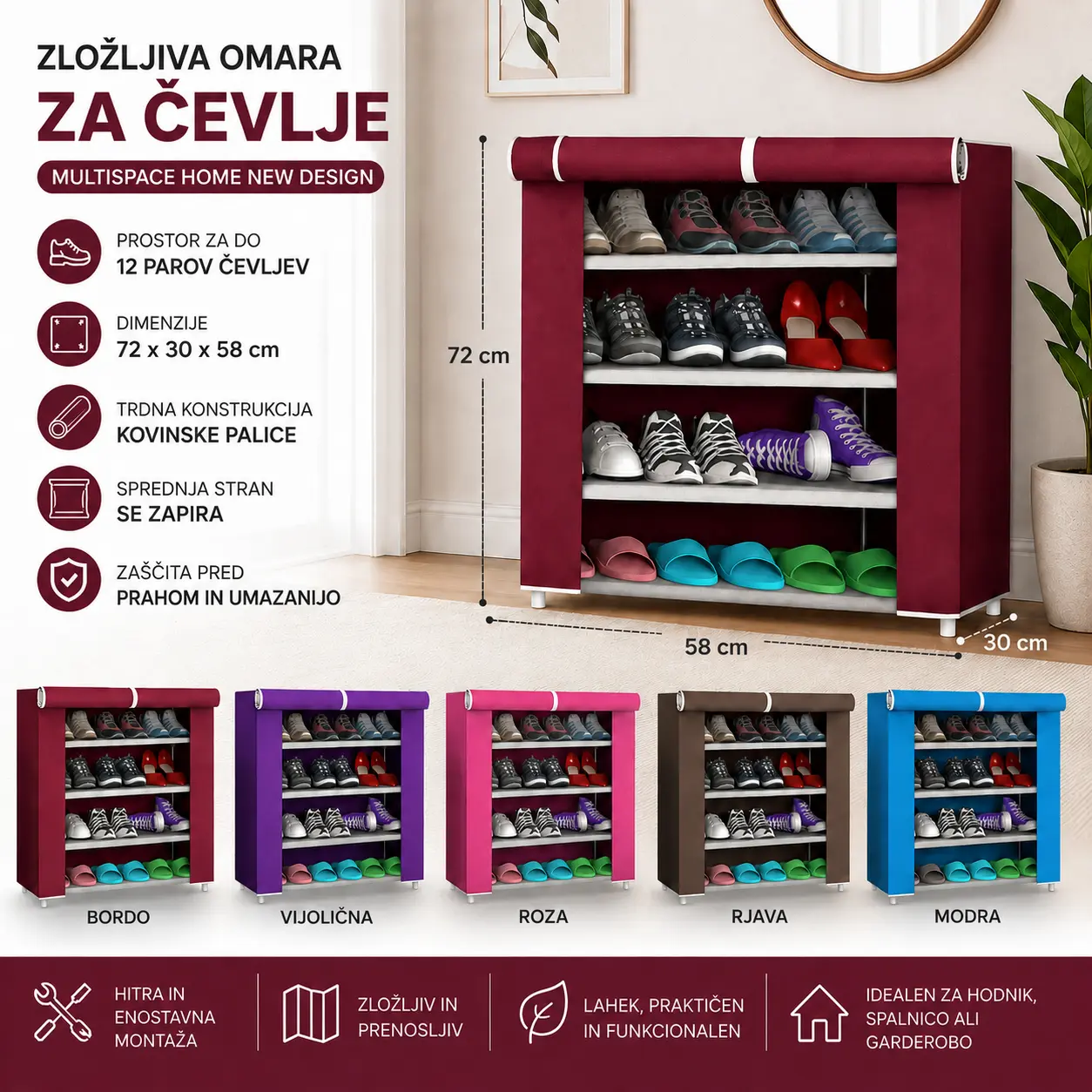 Zložljiva omara za čevlje 58 x 30 x 72 cm v bordo, vijolični, roza, rjavi in modri barvi