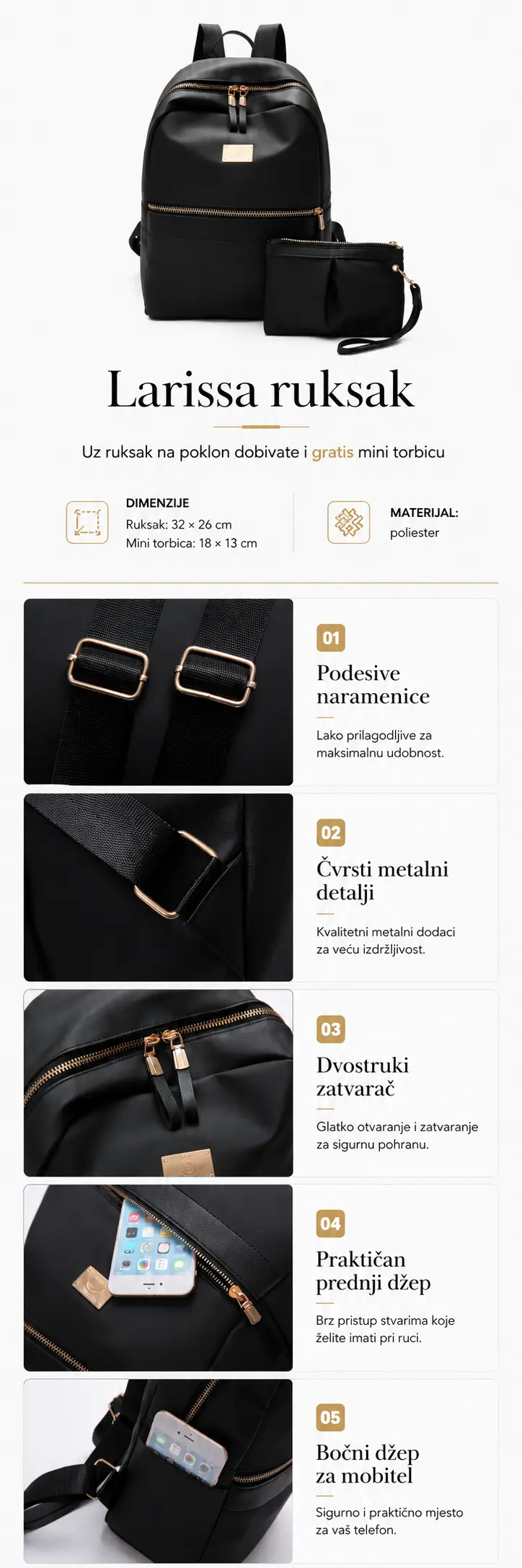 Larissa ruksak s gratis mini torbicom, dimenzijama i prikazom detalja