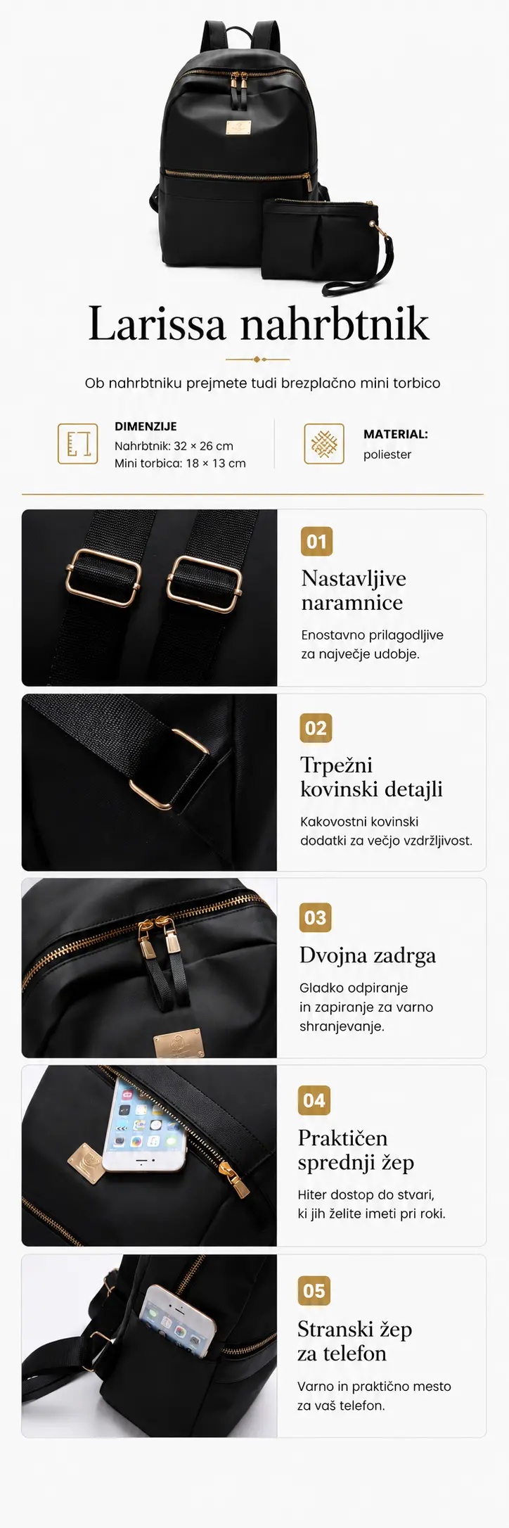 Črni ženski nahrbtnik z mini torbico, dimenzijami in podrobnostmi izdelka