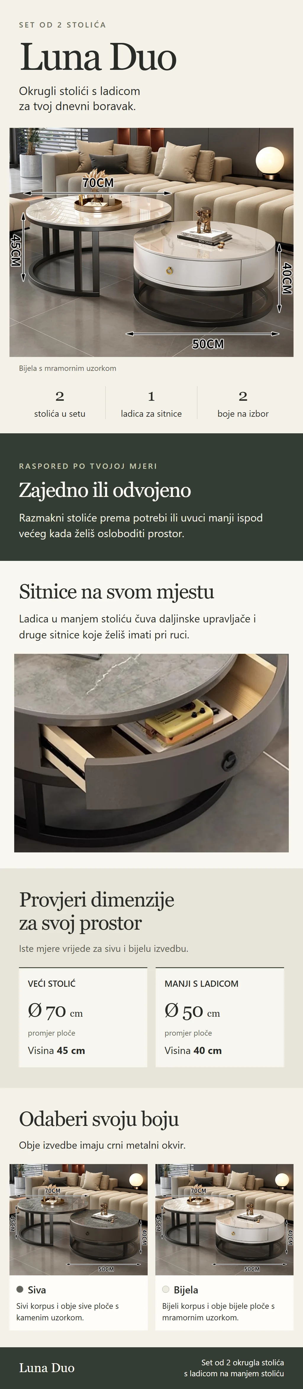 Luna Duo – set dva okrugla stolića s ladicom, dimenzije i siva i bijela izvedba.