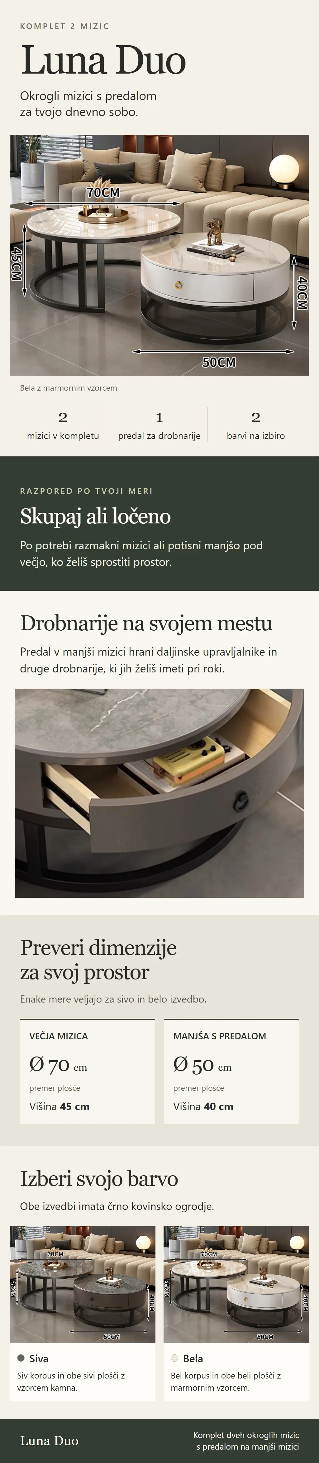 Luna Duo – komplet dveh okroglih klubskih mizic s predalom, dimenzije ter siva in bela izvedba.