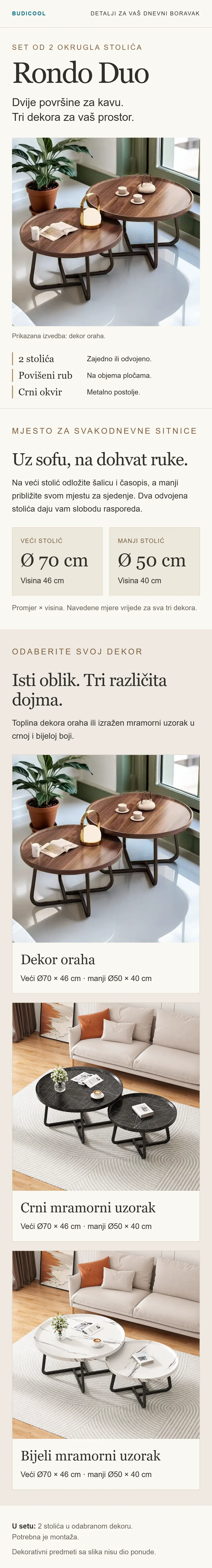 Rondo Duo – set od 2 stolića s rubom, dimenzije i tri dekora