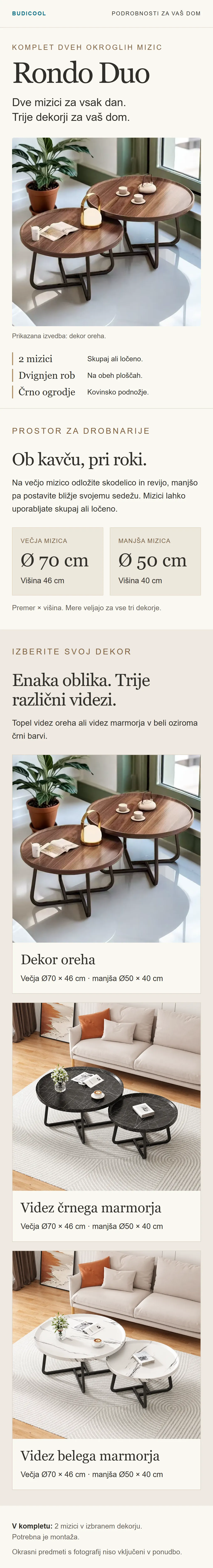 Rondo Duo – komplet dveh mizic z robom, mere in trije dekorji