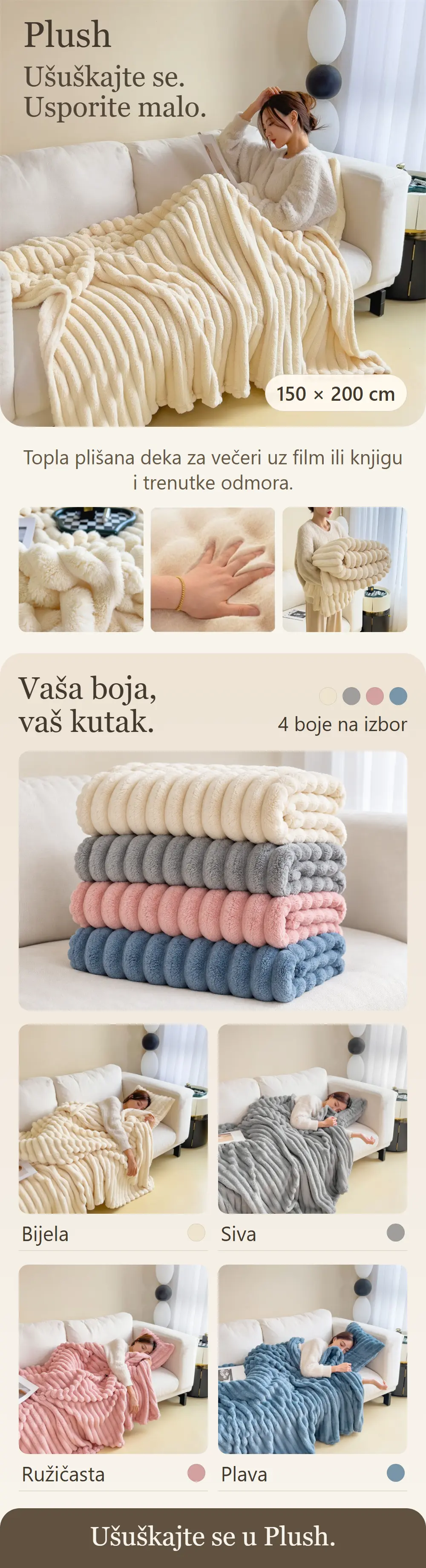 Plush deka 150 × 200 cm: prikaz uporabe, plišana tekstura i četiri boje na izbor