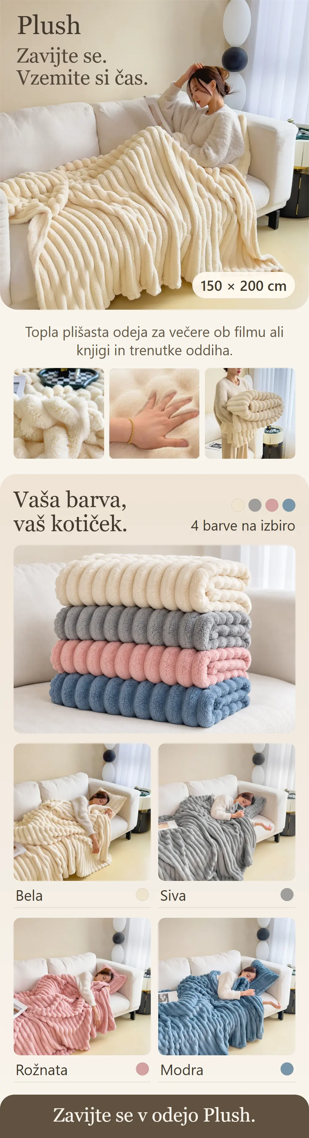 Odeja Plush 150 × 200 cm: prikaz uporabe, plišasta tekstura in štiri barve na izbiro